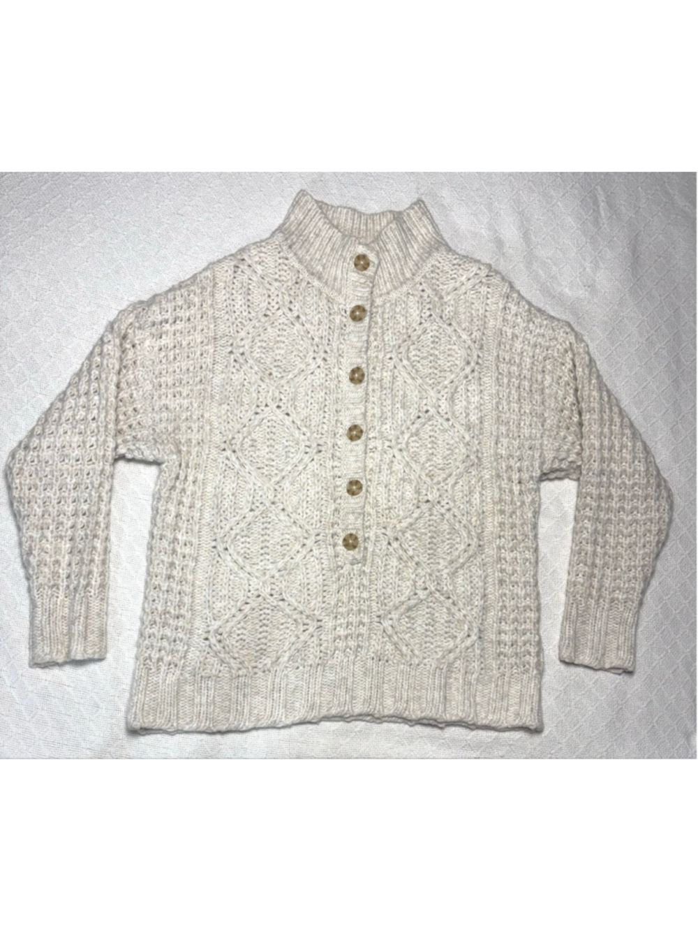 American Eagle Cable Knit Henley Mock Neck Sweater Medium Cream Chunky